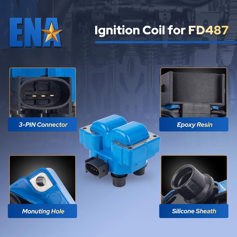 ENA Set of 2 Blue Ignition Coil Pack Compatible with Ford Lincoln Mazda Mercury F150 F250 E150 Escort Explorer Mustang Ranger Expedition Town Car Mark 626 B2300 B2500 2.3L 4.6L Replacement for FD487 - Image 2
